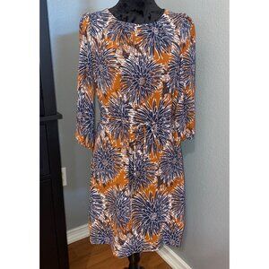 H&M Dress Size 8 Floral Print Brown Blue Knee Length 3/4 Sleeves Boho Retro Chic